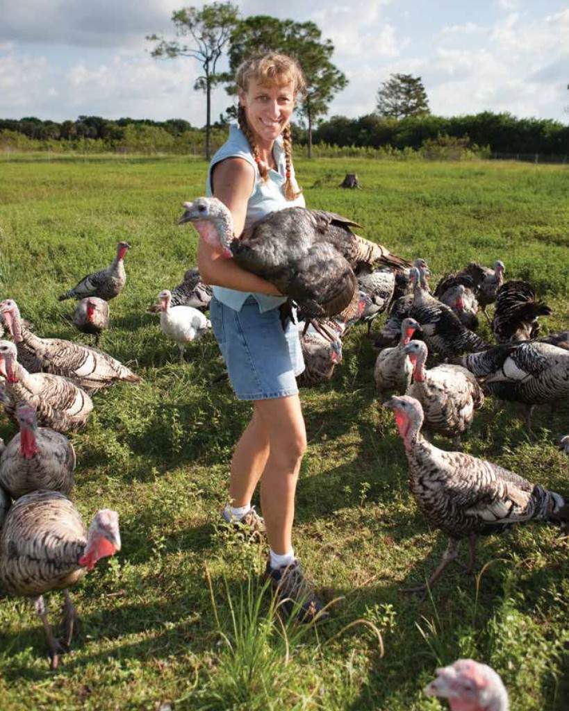 Linda holding a turkey among other turkeys in the field